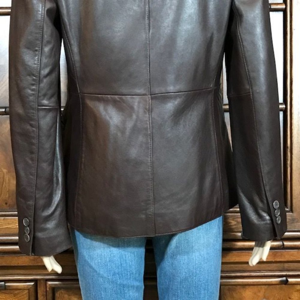 Anne Klein Genuine Lambskin Leather Couture Cocoa Wide Lapel Blazer - Picture 10 of 13